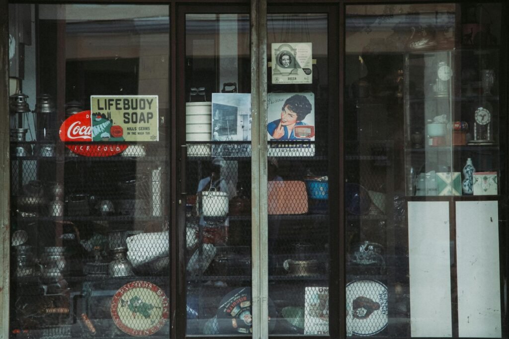 showcase with various retro items