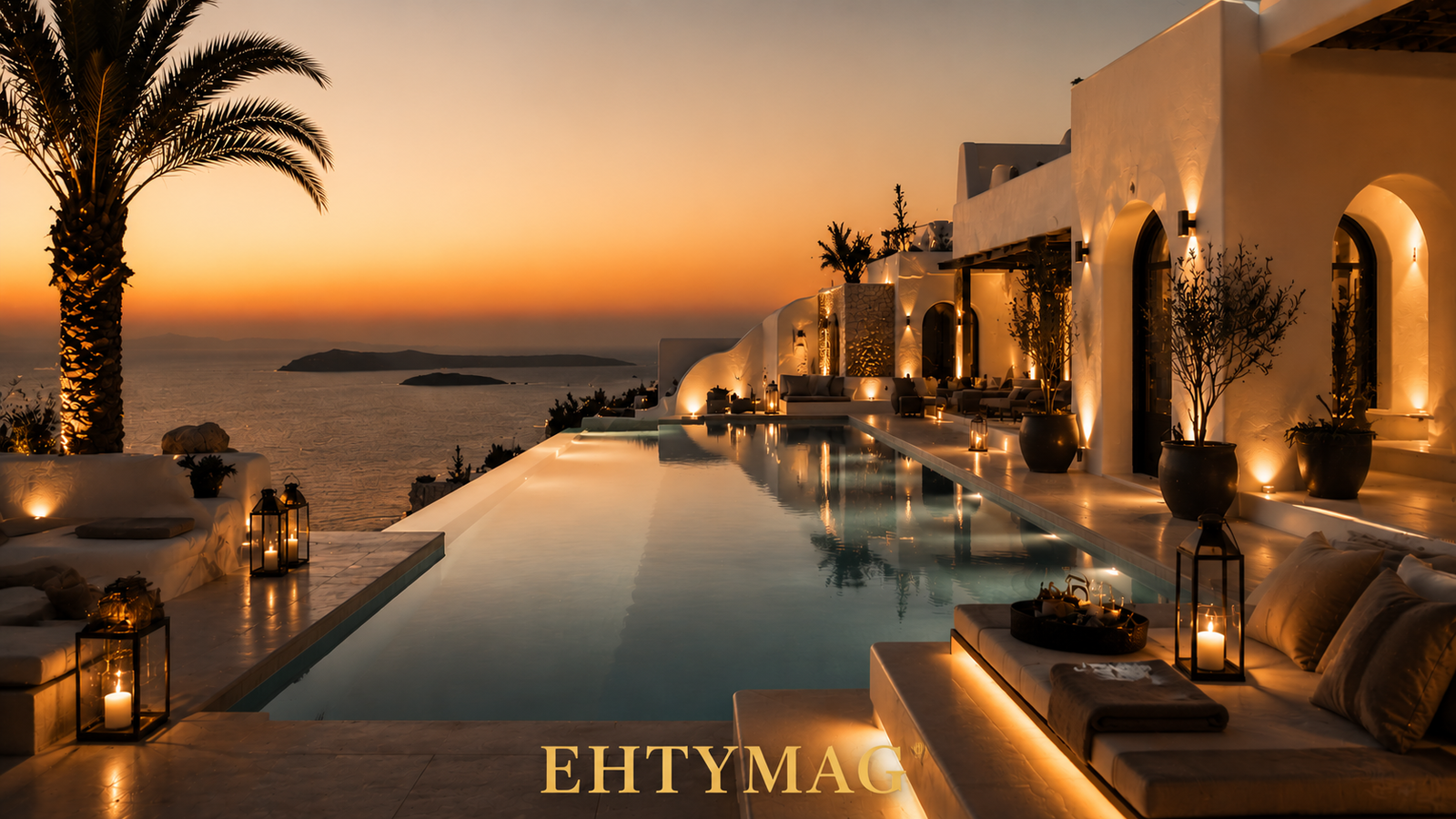 pool villa avec grande piscine décor santorini